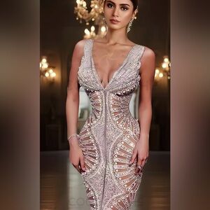 Glamours Silver Sequence Rhinestone Beading Maxi Formal Evening Gown Lux Dress Y